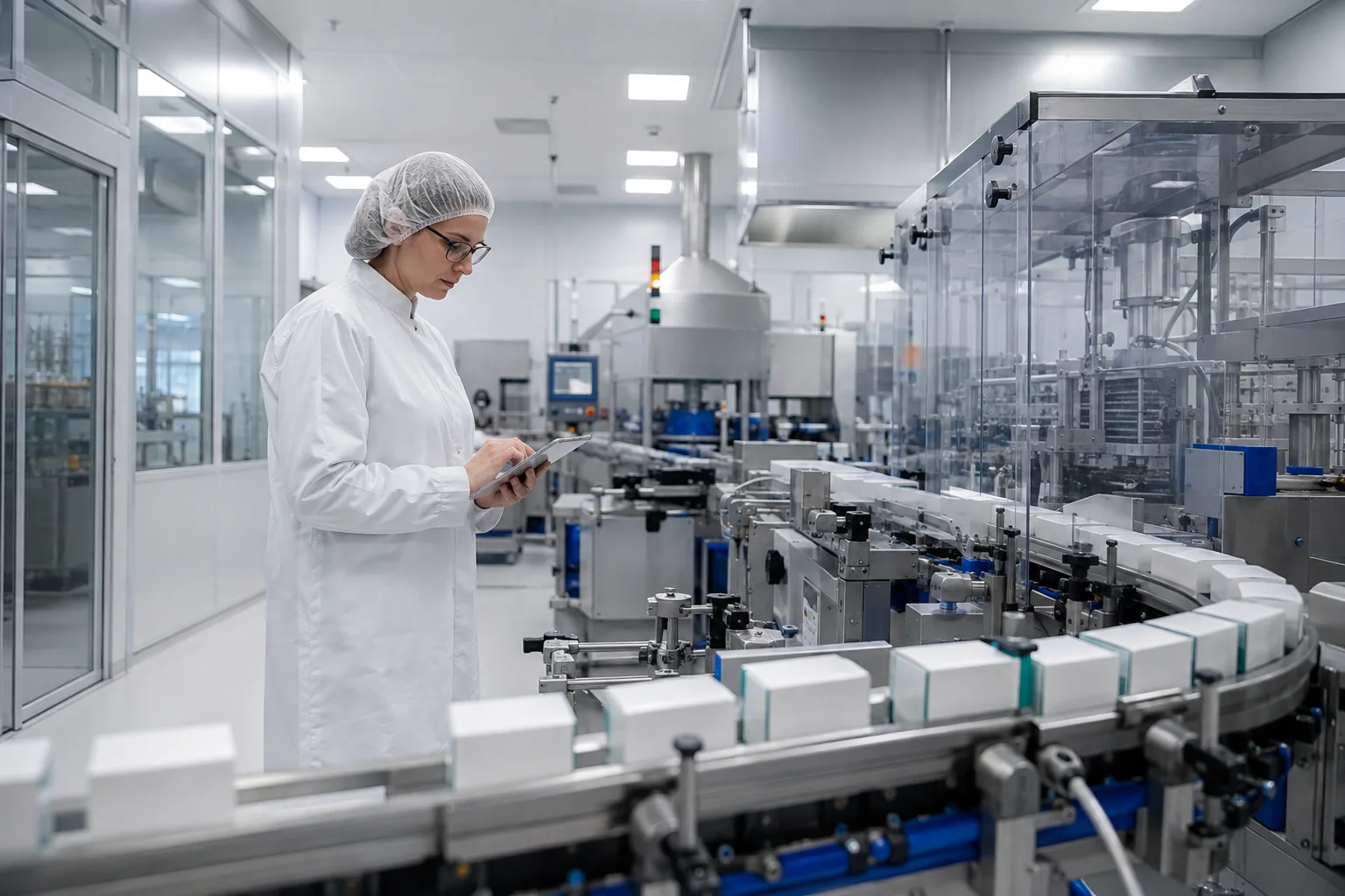 Quality specialist reviewing a pharmaceutical manufacturing line